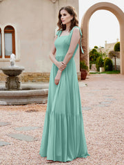 Robe Longueur au Sol en Mousseline à Encolure Carrée Turquoise