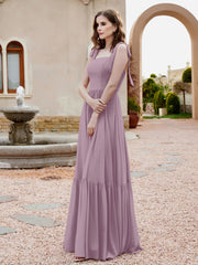 Robe Longueur au Sol en Mousseline à Encolure Carrée Vintage Mauve Grande Taille