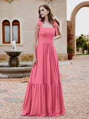 Robe Longueur au Sol en Mousseline à Encolure Carrée Pastèque
