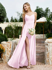 Robe en Mousseline à Bretelles Spaghetti et Col en V avec Fente Rose Pâle