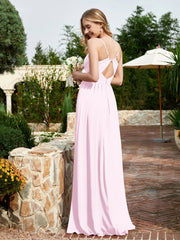 Robe en Mousseline à Bretelles Spaghetti et Col en V avec Fente Rose Pâle Grande Taille