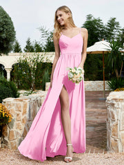 Robe en Mousseline à Bretelles Spaghetti et Col en V avec Fente Rose Bonbon Grande Taille