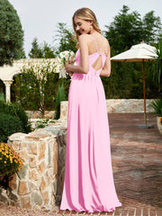 Robe en Mousseline à Bretelles Spaghetti et Col en V avec Fente Rose Bonbon
