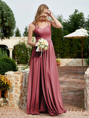 Robe en Mousseline à Bretelles Spaghetti et Col en V avec Fente Cannelle Rose Grande Taille