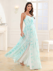Robe en Mousseline à Bretelles Spaghetti et Col en V avec Fente Nuage Menthe