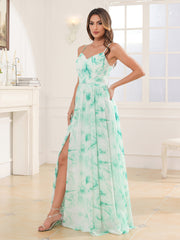 Robe en Mousseline à Bretelles Spaghetti et Col en V avec Fente Marbre Menthe