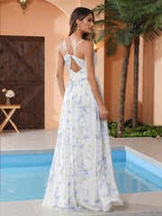 Robe de Demoiselle d'Honneur à Bretelles Spaghetti et Col en V Lavande Florale