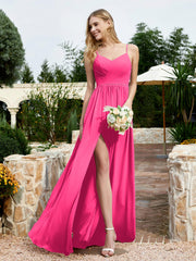 Robe en Mousseline à Bretelles Spaghetti et Col en V avec Fente Fuchsia