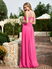 Robe en Mousseline à Bretelles Spaghetti et Col en V avec Fente Fuchsia