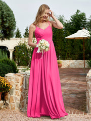 Robe en Mousseline à Bretelles Spaghetti et Col en V avec Fente Fuchsia