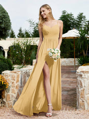 Robe en Mousseline à Bretelles Spaghetti et Col en V avec Fente Or Grande Taille