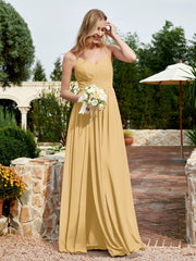 Robe en Mousseline à Bretelles Spaghetti et Col en V avec Fente Or