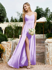 Robe en Mousseline à Bretelles Spaghetti et Col en V avec Fente Lilas