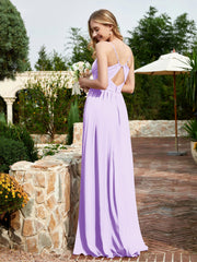Robe en Mousseline à Bretelles Spaghetti et Col en V avec Fente Lilas Grande Taille