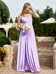 Robe en Mousseline à Bretelles Spaghetti et Col en V avec Fente Lilas