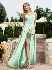 Robe en Mousseline à Bretelles Spaghetti et Col en V avec Fente Vert Menthe Grande Taille