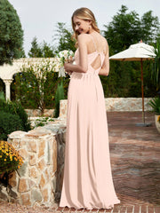 Robe en Mousseline à Bretelles Spaghetti et Col en V avec Fente Rose Perle