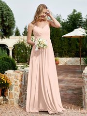Robe en Mousseline à Bretelles Spaghetti et Col en V avec Fente Rose Perle