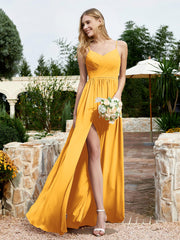 Robe en Mousseline à Bretelles Spaghetti et Col en V avec Fente Mandarine