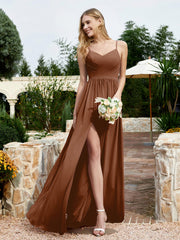 Robe en Mousseline à Bretelles Spaghetti et Col en V avec Fente Terracotta Grande Taille