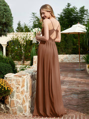 Robe en Mousseline à Bretelles Spaghetti et Col en V avec Fente Terracotta