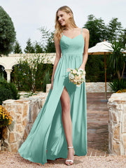 Robe en Mousseline à Bretelles Spaghetti et Col en V avec Fente Turquoise