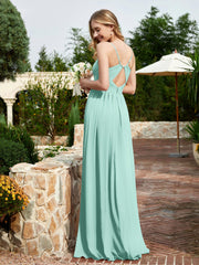 Robe en Mousseline à Bretelles Spaghetti et Col en V avec Fente Turquoise