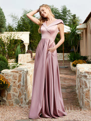 Robe en Satin à Mancherons et Col en V avec Poches Rose Poudré Grande Taille