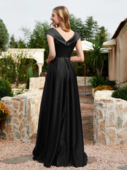 Robe en Satin à Mancherons et Col en V avec Poches Noir Grande Taille