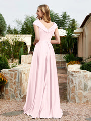 Robe en Satin à Mancherons et Col en V avec Poches Rose Pâle Grande Taille