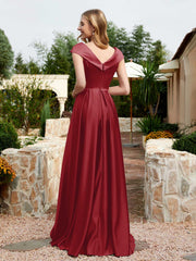 Robe en Satin à Mancherons et Col en V avec Poches Bordeaux Grande Taille