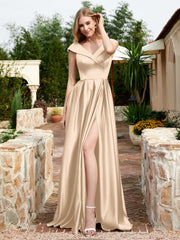 Robe en Satin à Mancherons et Col en V avec Poches Champagne