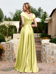 Robe en Satin à Mancherons et Col en V avec Poches Jonquille