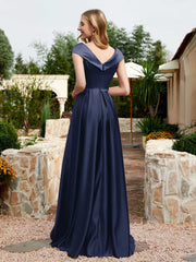 Robe en Satin à Mancherons et Col en V avec Poches Bleu Marine