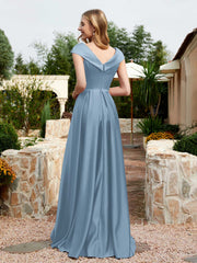 Robe en Satin à Mancherons et Col en V avec Poches Bleu Poudré Grande Taille