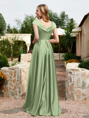 Robe en Satin à Mancherons et Col en V avec Poches Sauge Poudrée