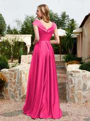Robe en Satin à Mancherons et Col en V avec Poches Fuchsia Grande Taille