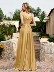 Robe en Satin à Mancherons et Col en V avec Poches Or Grande Taille