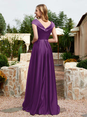 Robe en Satin à Mancherons et Col en V avec Poches Raisin