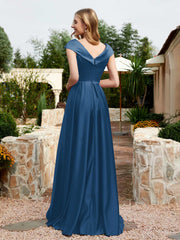 Robe en Satin à Mancherons et Col en V avec Poches Bleu Encre