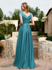 Robe en Satin à Mancherons et Col en V avec Poches Jade Grande Taille