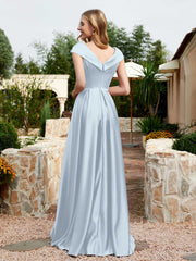 Robe en Satin à Mancherons et Col en V avec Poches Brume Grande Taille