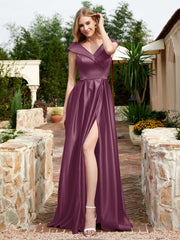 Robe en Satin à Mancherons et Col en V avec Poches Mûre