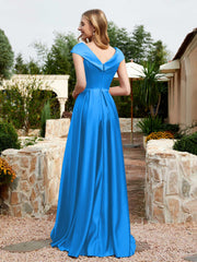 Robe en Satin à Mancherons et Col en V avec Poches Bleu Océan