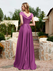 Robe en Satin à Mancherons et Col en V avec Poches Orchidee