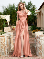 Robe en Satin à Mancherons et Col en V avec Poches Papaye Grande Taille