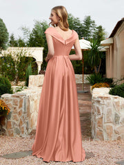 Robe en Satin à Mancherons et Col en V avec Poches Papaye