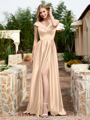 Robe en Satin à Mancherons et Col en V avec Poches Pêche
