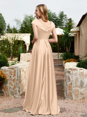Robe en Satin à Mancherons et Col en V avec Poches Pêche