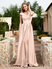 Robe en Satin à Mancherons et Col en V avec Poches Rose Perle
